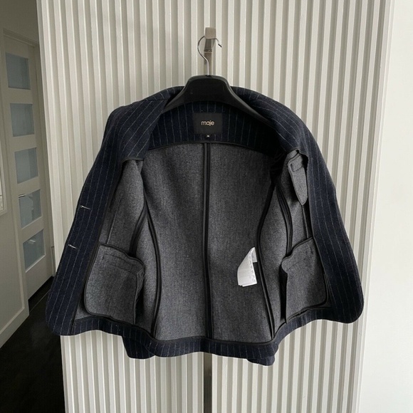 Maje Jacket Blazer Vampas Pinstriped Wool Gabardine Blazer Navy Sz 36❤️ - Picture 7 of 7